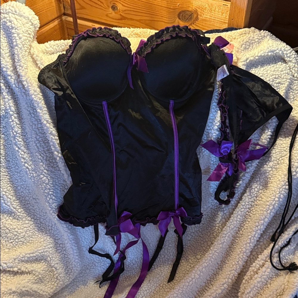 torrid Black and Purple Lace-Trim Corset Camisole with Garter Straps